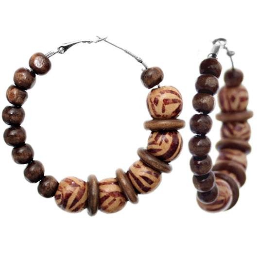 Brown Wooden Beaded Zebra Hoop Earrings
