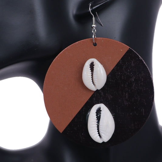 Brown Black Wooden Cowrie Seashell Earrings