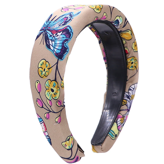 Taupe Blue Floral Butterfly Wide Padded Headband