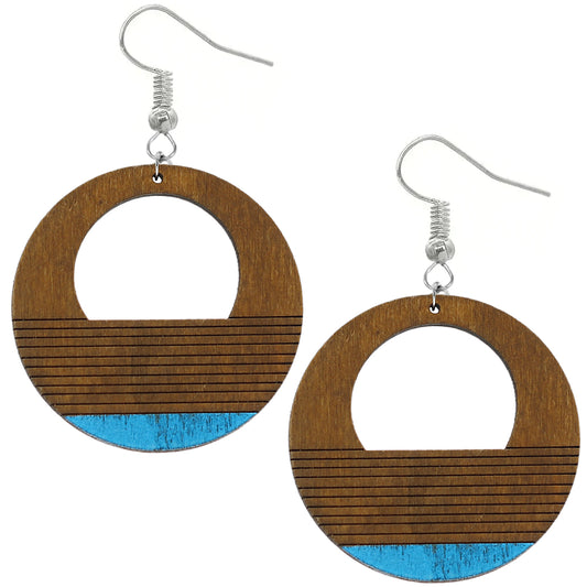 Brown Wooden Blue Painted Circular Earrings