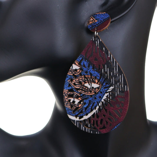 Blue Brown Multicolor Evil Eye Wooden Teardrop Earrings