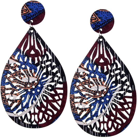 Blue Brown Multicolor Evil Eye Wooden Teardrop Earrings