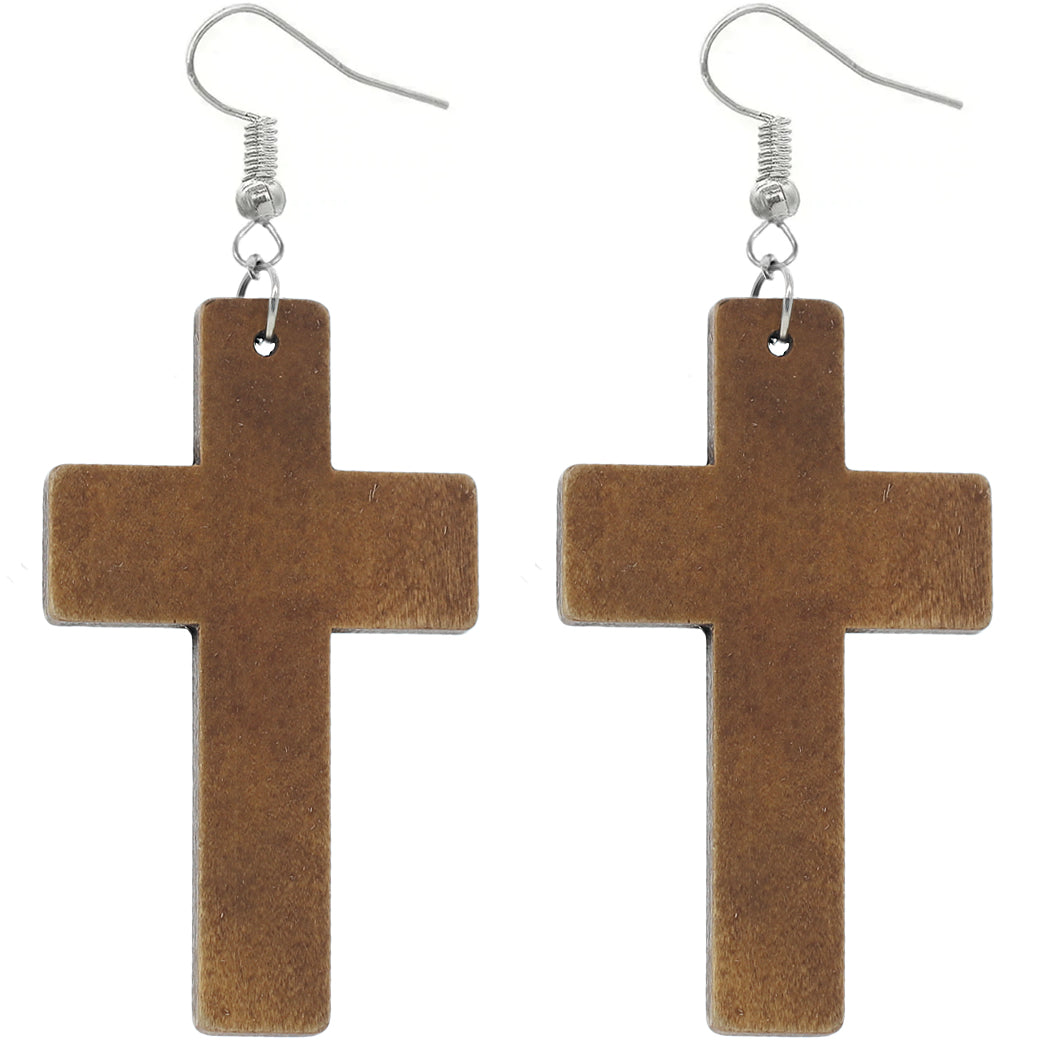 Brown Cross Large Wooden Earrings