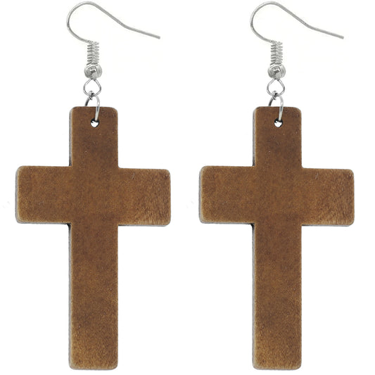 Brown Cross Large Wooden Earrings