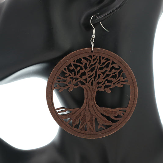 Brown Cutout Tree Of Life Wooden Earrings
