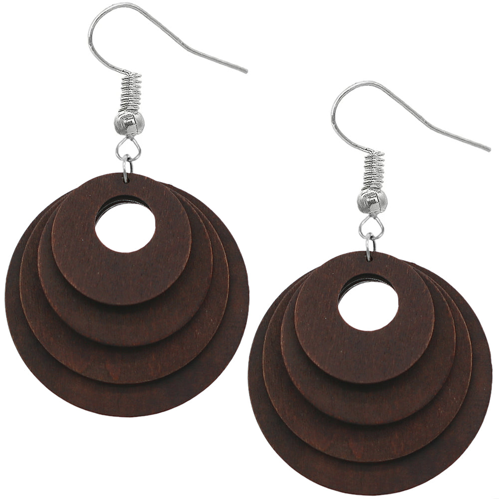 Dark Brown Layered Wooden Dangle Earrings