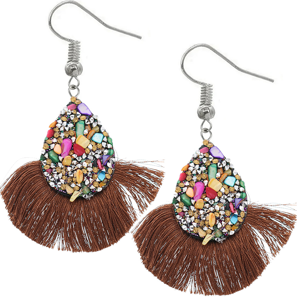 Brown Faux Gemstone Teardrop Tassel Fan Earrings