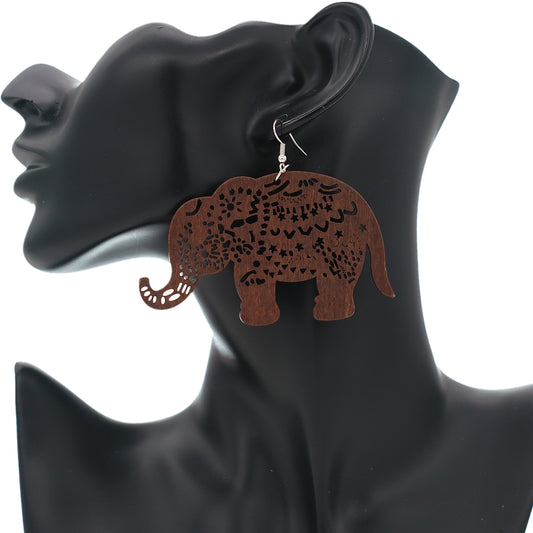 Dark Brown Elephant Wooden Dangle Earrings