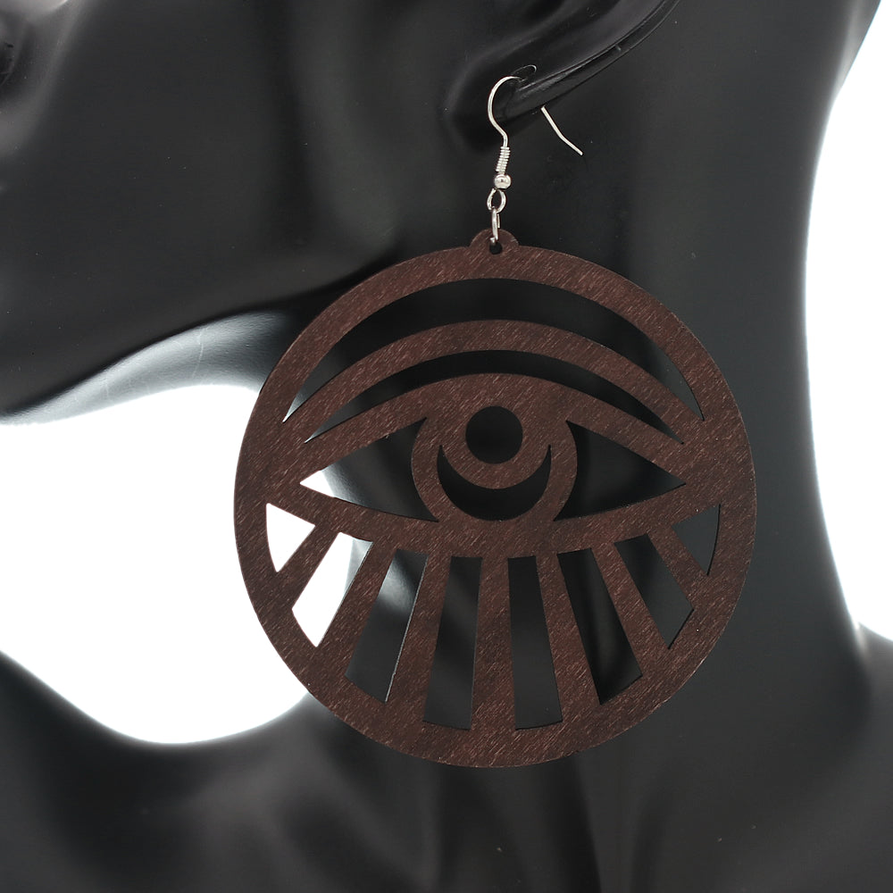 Dark Brown Evil Eye Large Wooden Earrings