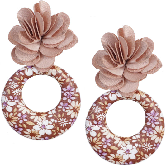 Brown Floral Fabric Drop Hoop Earrings
