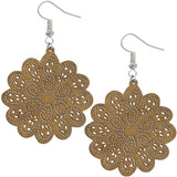 Brown Floral Mandala Pattern Wooden Earrings