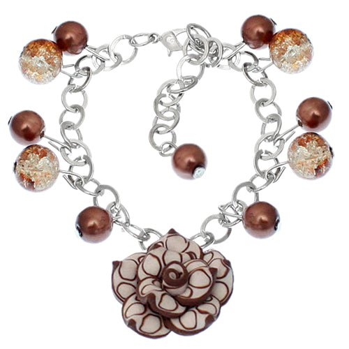 Brown Glass Ball Flower Charm Chain Bracelet