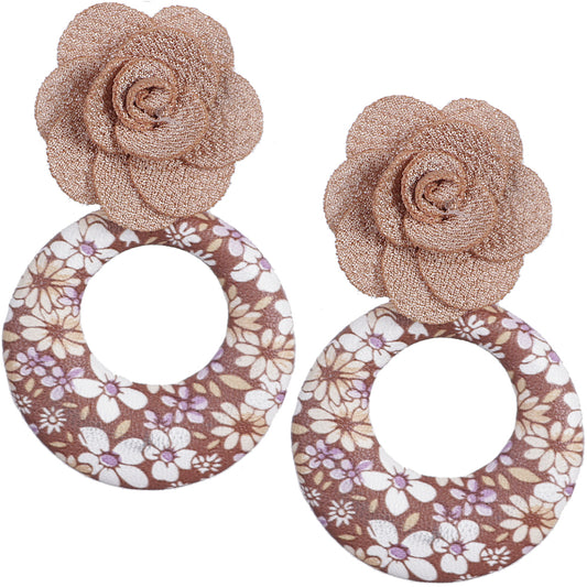 Brown Flower Open Circle Earrings