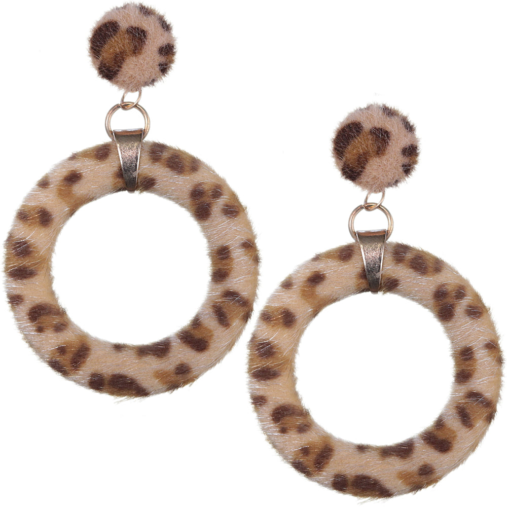 Brown Cheetah Faux Fur Hoop Earrings
