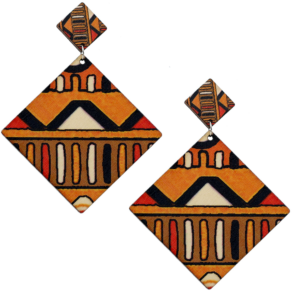 Brown Multicolor Geometric Wooden Earrings