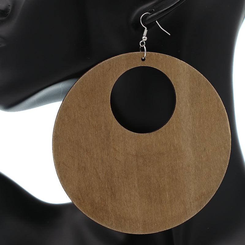 Brown Round Big Gigantic Wooden Earrings