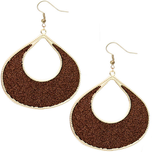 Brown Glitter Puffy Teardrop Dangle Earrings