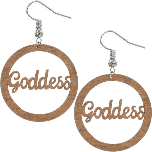 Brown Cursive Goddess Word Wooden Earrings