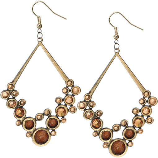 Brown Gold Beaded Open Triangle Rhinestone Earrings