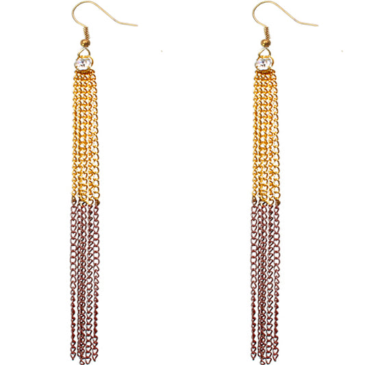 Brown Gold Long Drop Chain Dangle Earrings