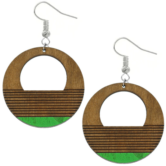 Brown Wooden Green Painted Circular Earrings