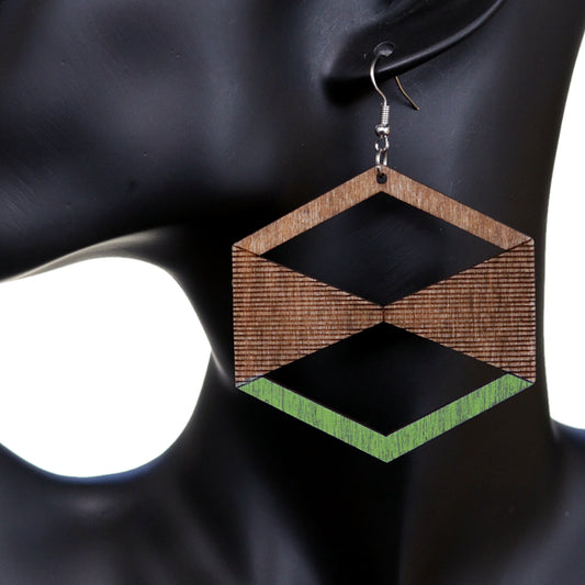 Green Brown Geometric Wooden Earrings