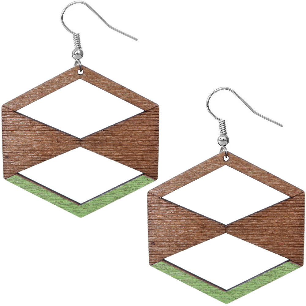 Green Brown Geometric Wooden Earrings