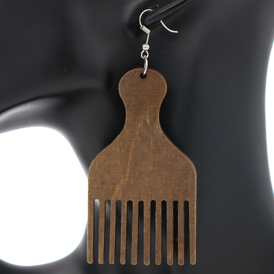 Brown Afro Pick Comb Afrocentric Wooden Earrings