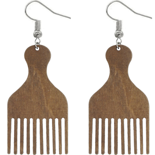 Brown Afro Pick Comb Afrocentric Wooden Earrings