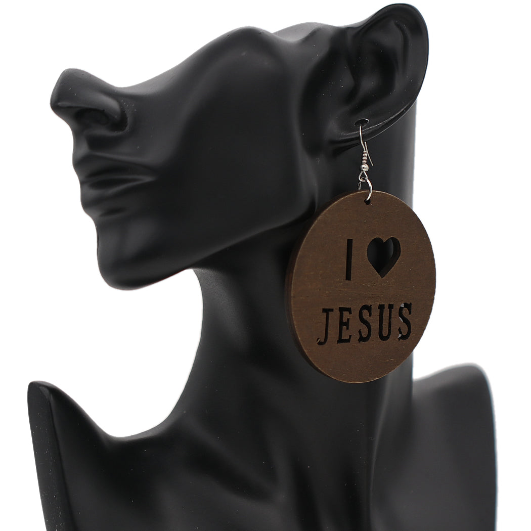 Dark Brown Cutout I Love Jesus Wooden Earrings