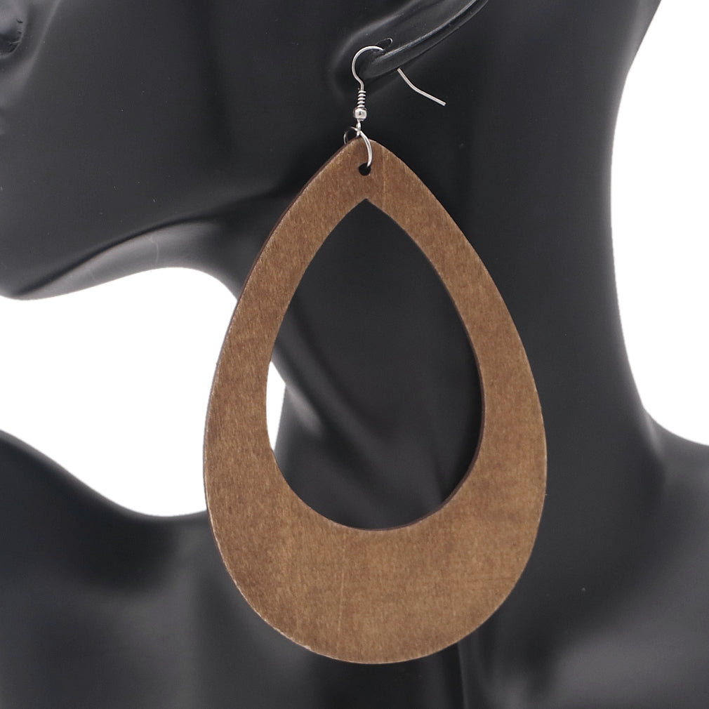 Brown Oversized Wooden Teardrop Earrings