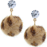 Brown Leopard Print Pom Pom Fur Ball Mini Earrings