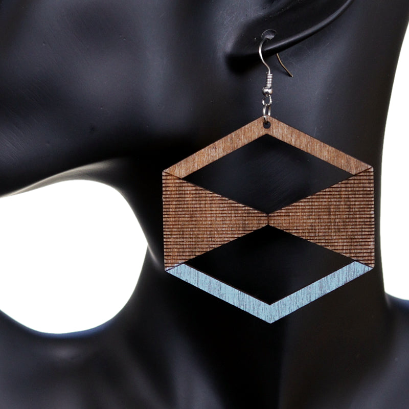 Blue Brown Geometric Wooden Earrings
