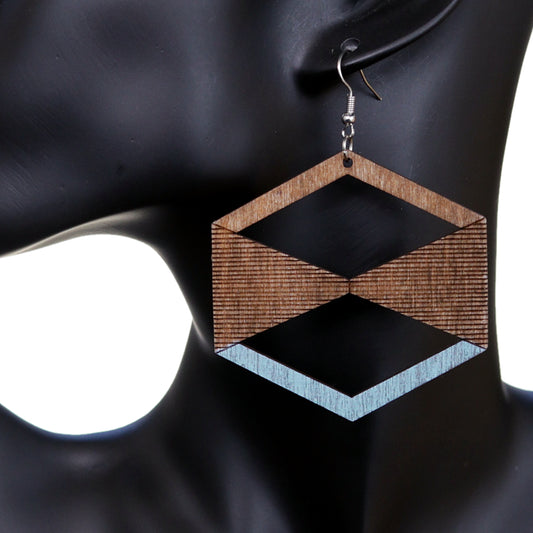 Blue Brown Geometric Wooden Earrings