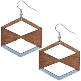 Light Blue Brown Geometric Wooden Earrings