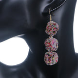 Brown Multicolor Triple Pom Pom Drop Earrings