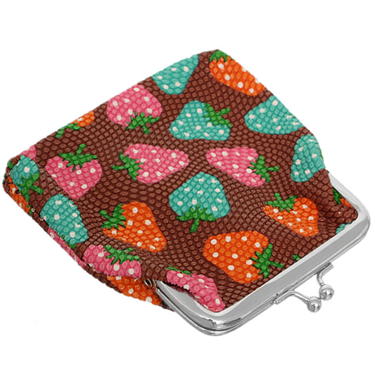 Brown Multicolor Strawberry Kisslock Coin Purse