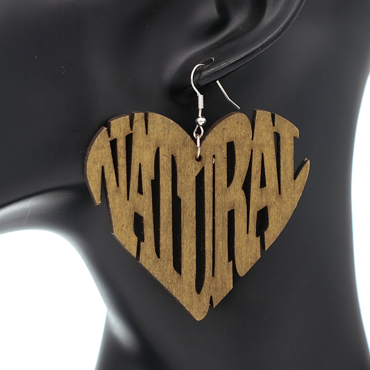 Brown Wooden Heart Shaped Natural Word Earrings