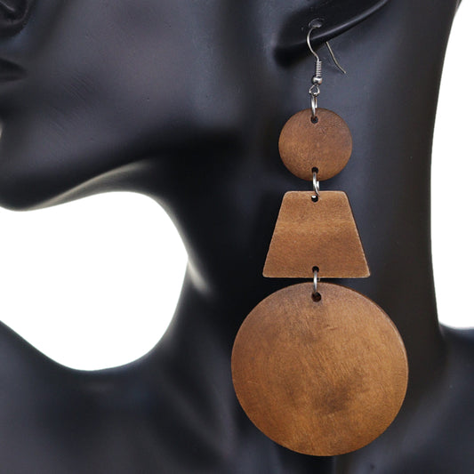 Natural Brown Triple Geometric Wooden Drop Earrings