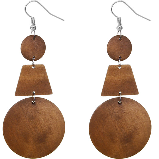 Natural Brown Triple Geometric Wooden Drop Earrings