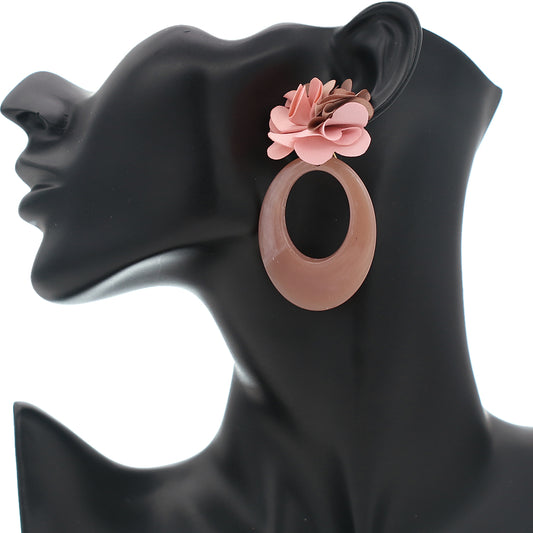Brown Pink Oval Floral Resin Earrings