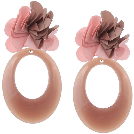 Brown Pink Oval Floral Resin Earrings