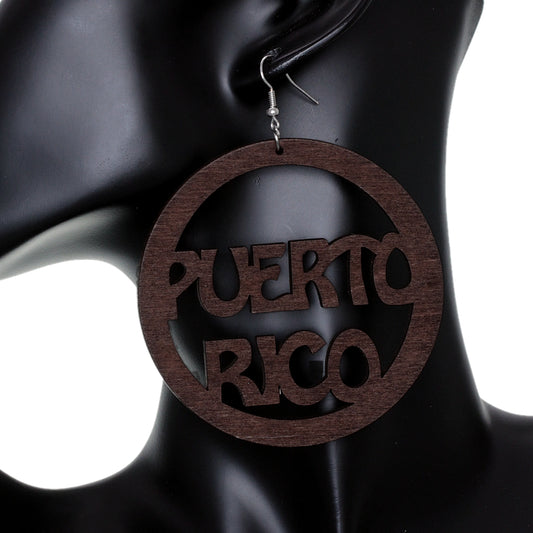 Brown Puerto Rico Word Wooden Hoop Earrings
