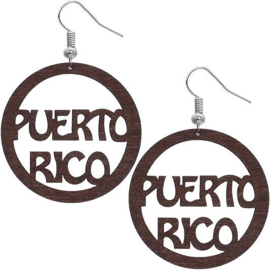 Brown Puerto Rico Word Wooden Hoop Earrings