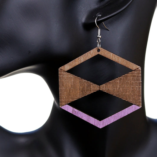 Purple Brown Geometric Wooden Earrings