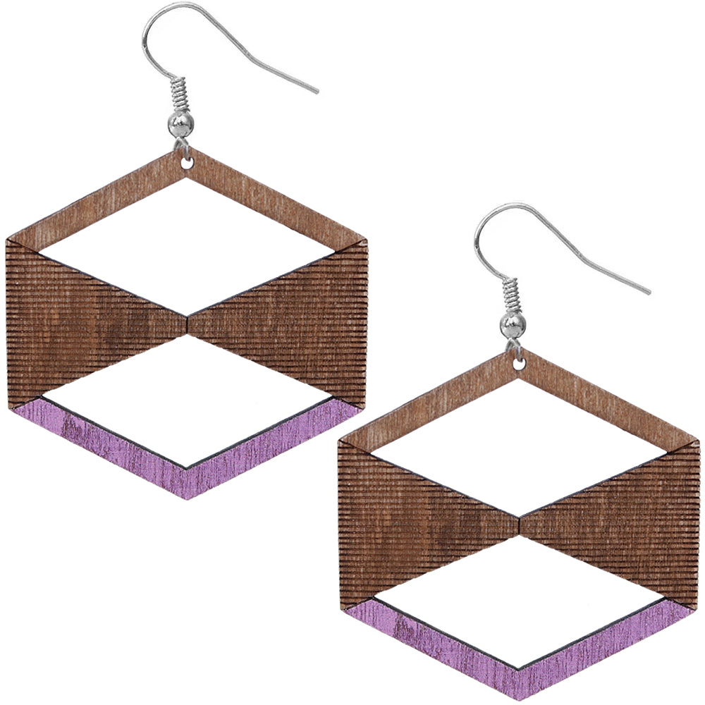 Purple Brown Geometric Wooden Earrings