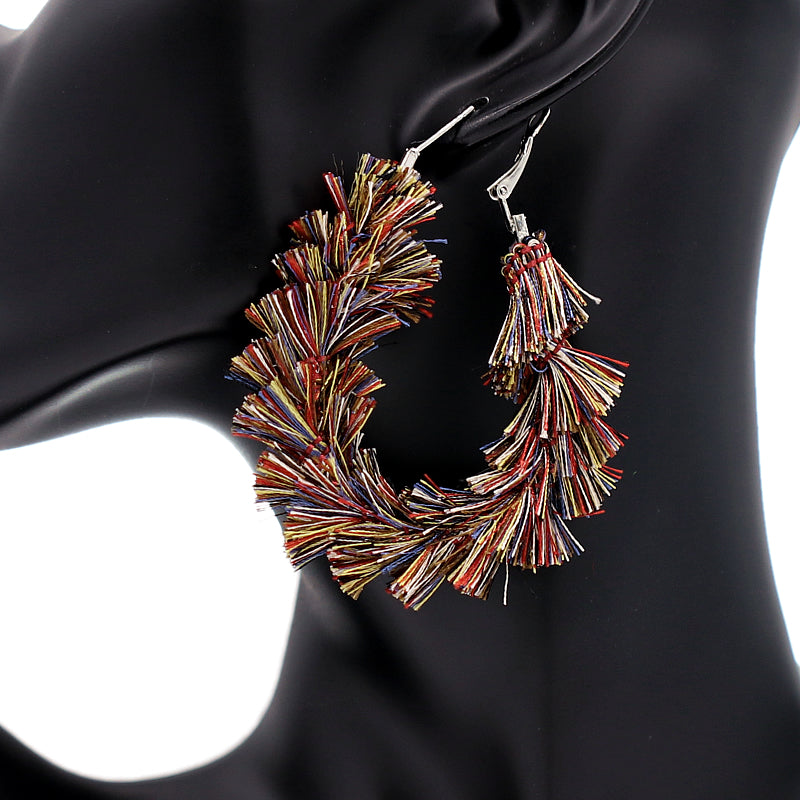 Brown Multicolor Wrapped Tassel Teardrop Hoop Earrings