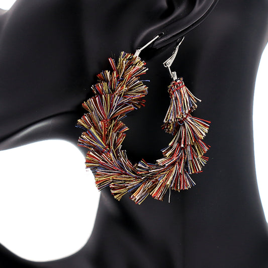 Brown Multicolor Wrapped Tassel Teardrop Hoop Earrings