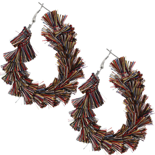 Brown Multicolor Wrapped Tassel Teardrop Hoop Earrings