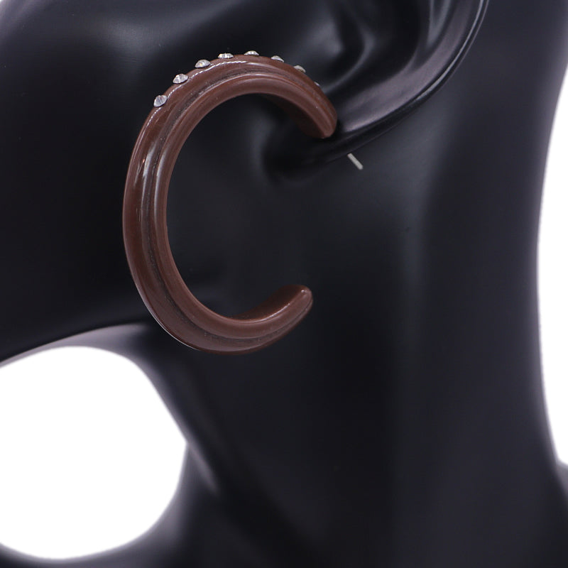 Brown Glossy Rhinestone Hoop Earrings